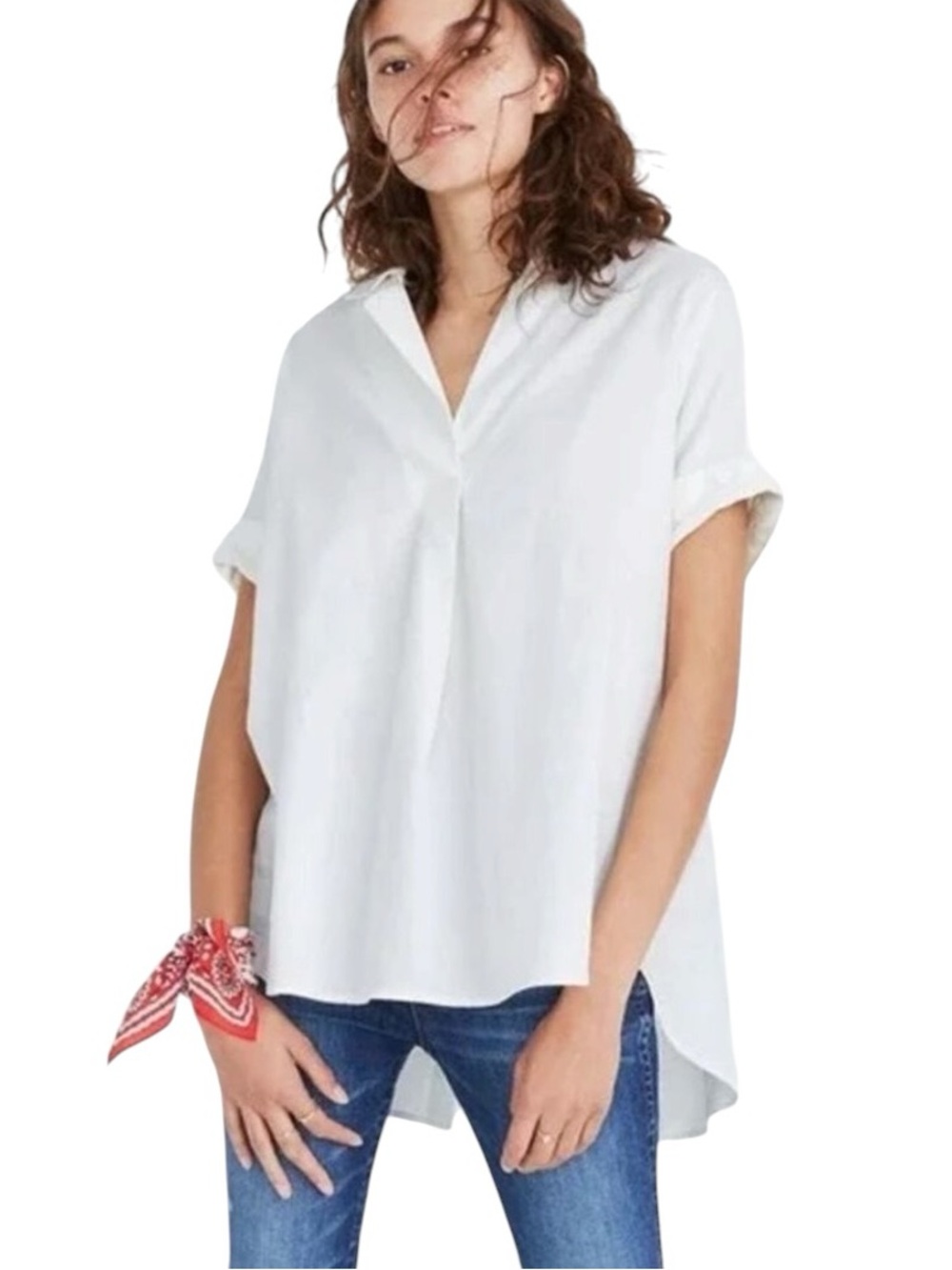 Madewell White Courier Button-Back Popover Short Sleeve Shirt Cotton S Oversized
